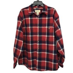 Eddie Bauer Mens Large Red/Blue Plaid Flannel Shirt Button Up Sz L Heavy Pockets